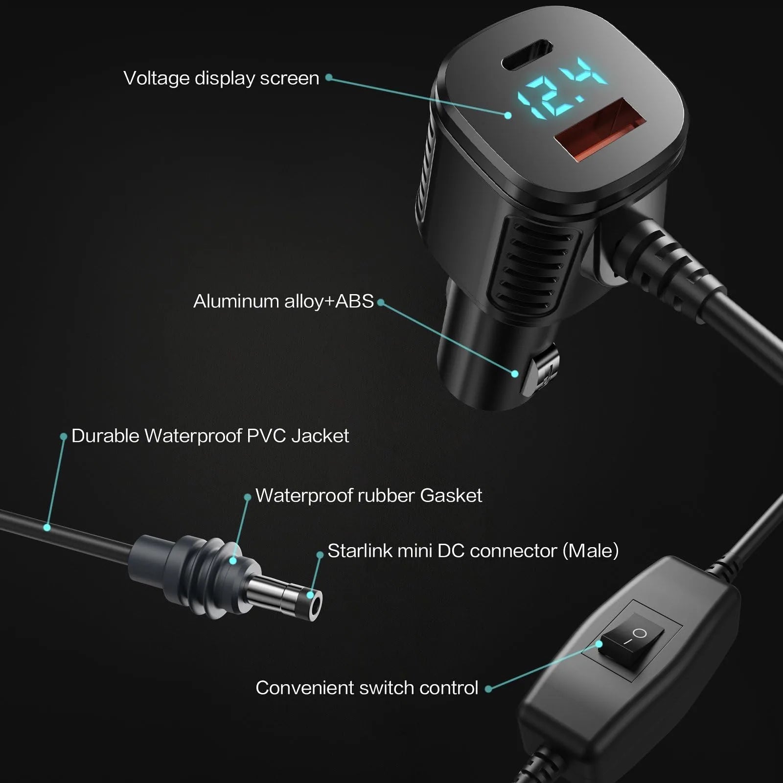 Starlink Mini 3-in-1 Car Charger Cable | DC Power Cable with USB-C & USB-A Ports