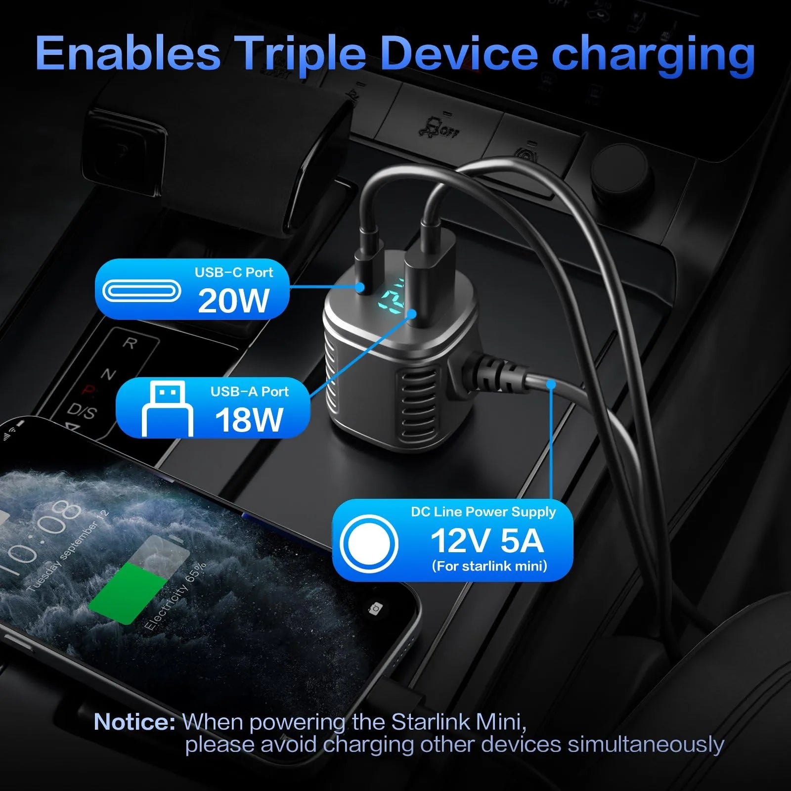 Starlink Mini 3-in-1 Car Charger Cable | DC Power Cable with USB-C & USB-A Ports
