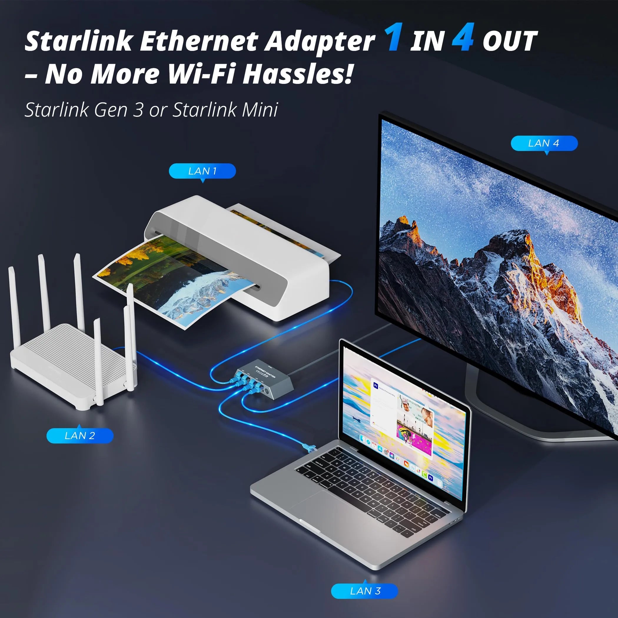 Starlink Gen 3 / Mini 4-Port Ethernet Adapter | 1Gbps Multi-Device Network Hub