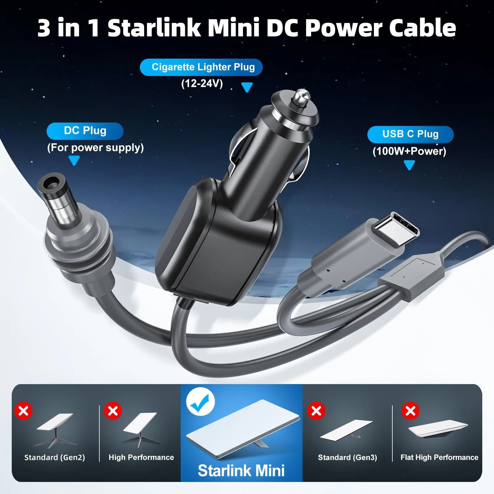 Starlink Mini 3-in-1 Power Cable | USB-C, Car Charger & DC Power Adapter
