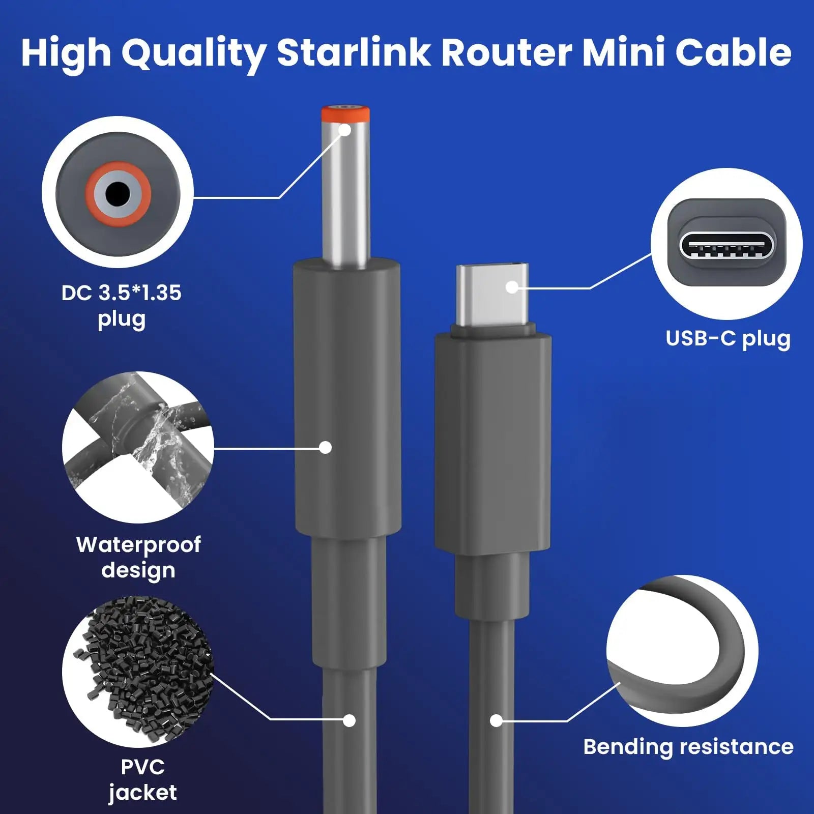 Starlink Mini Router USB-C to DC Power Cable 2 Pack | 1FT & 6.5FT