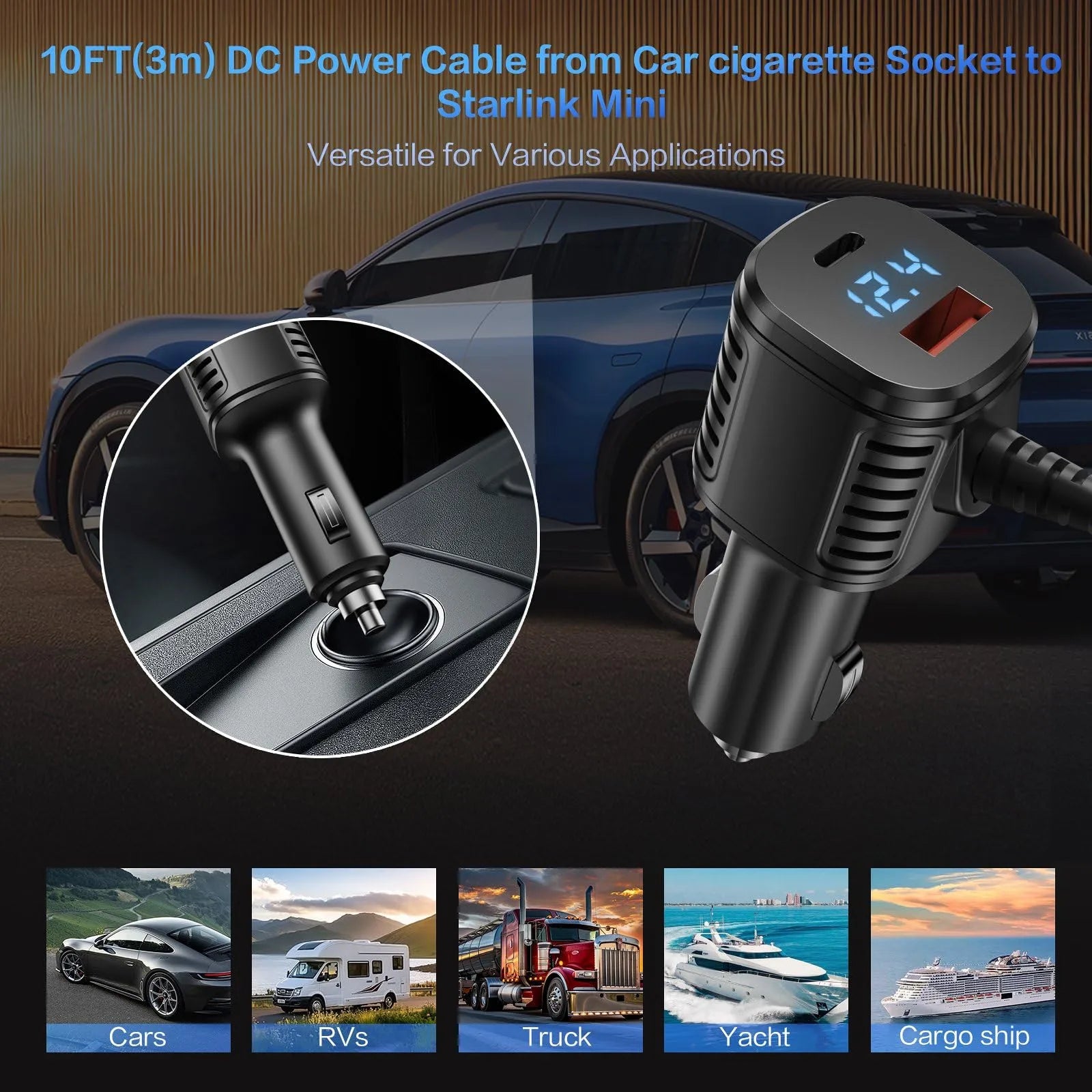 Starlink Mini 3-in-1 Car Charger Cable | DC Power Cable with USB-C & USB-A Ports