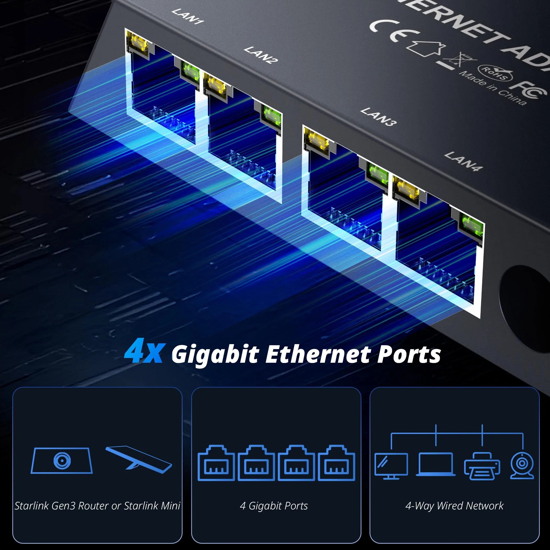 Starlink Gen 3 / Mini 4-Port Ethernet Adapter | 1Gbps Multi-Device Network Hub