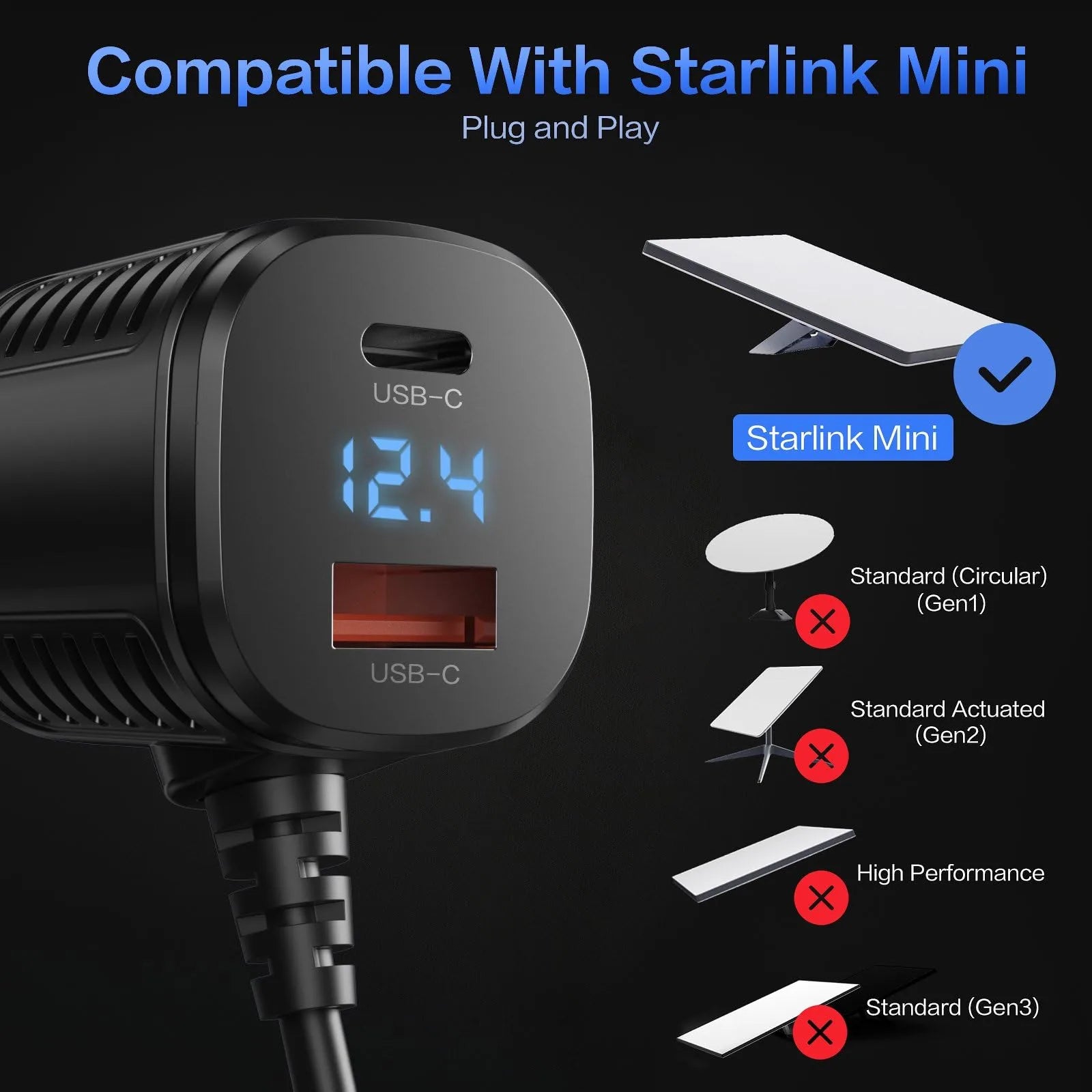 Starlink Mini 3-in-1 Car Charger Cable | DC Power Cable with USB-C & USB-A Ports